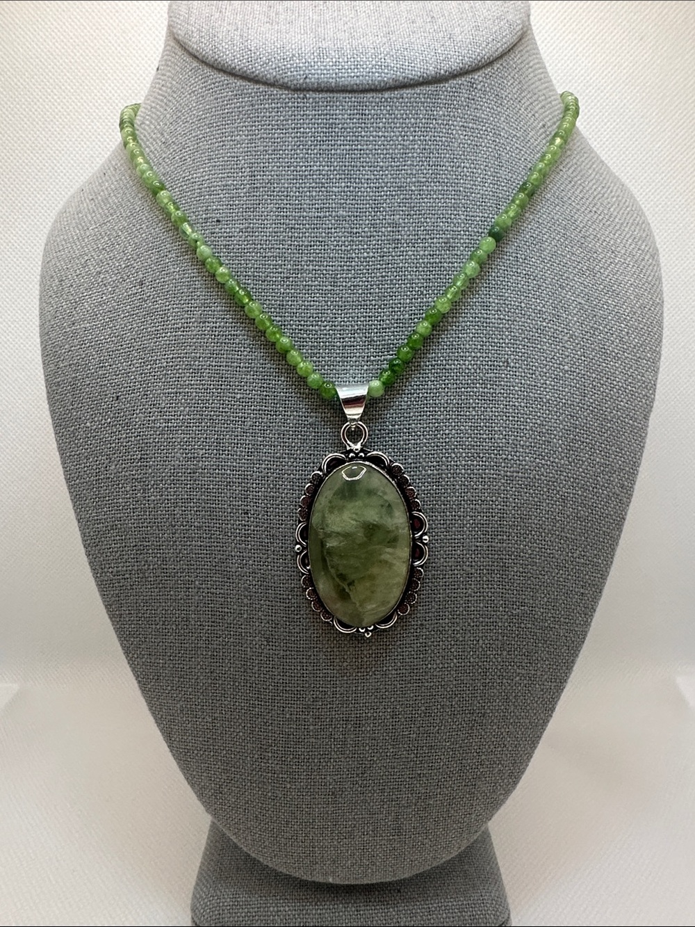 Genuine Prehnite Pendant and Peridot Beaded Necklace
